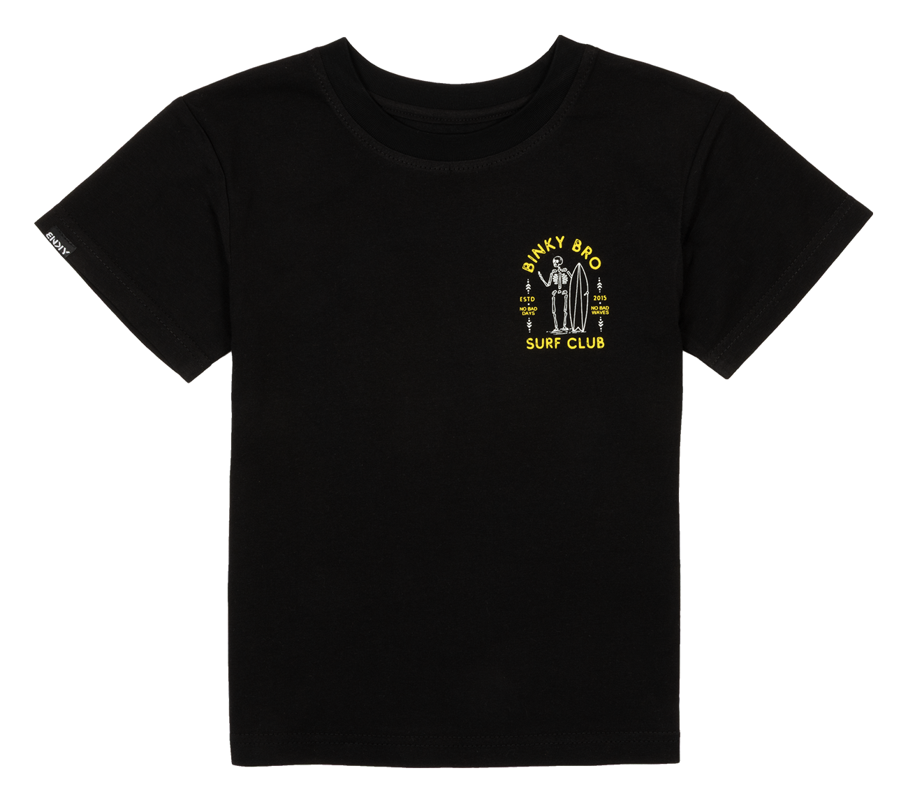 Black t-shirt featuring a yellow graphic of a surf club design, perfect for stylish kids who love surf culture.