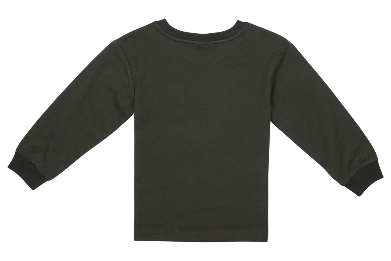 Green long sleeve shirt featuring a classic crew neck and contrasting black cuffs, perfect for stylish kids.