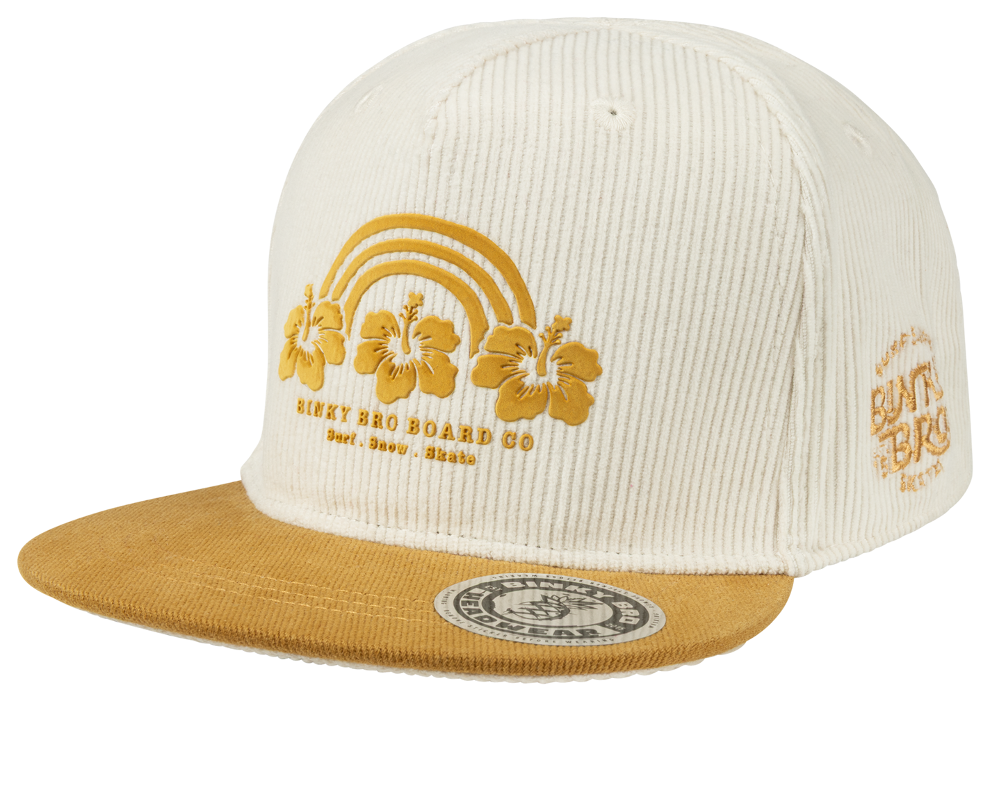 Stylish white snapback hat featuring hibiscus flowers and a rainbow design, perfect for kids' surf and skate lifestyle.