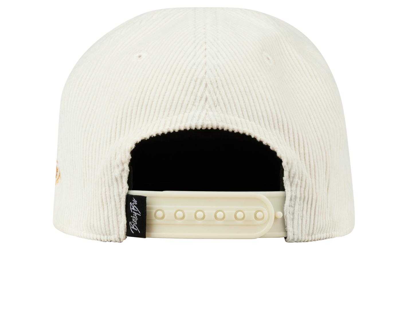 Back view of a white corduroy snapback hat with an adjustable strap, featuring a subtle logo detail.