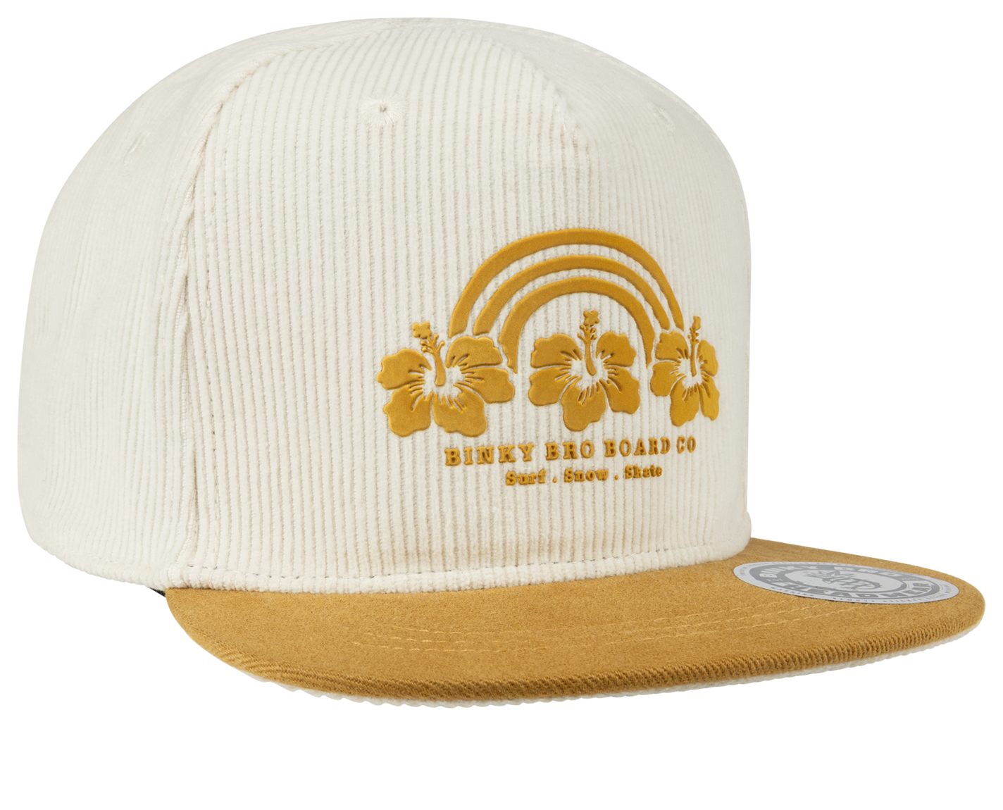 Cream-colored snapback hat featuring a hibiscus flower design and a brown brim, perfect for stylish kids.