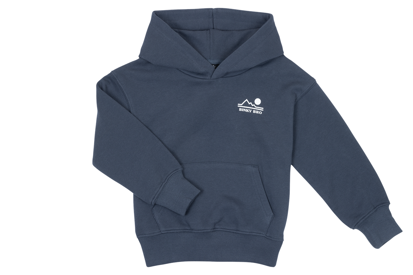 Cozy navy hoodie for kids featuring a mountain and sun graphic, perfect for outdoor adventures and casual wear.