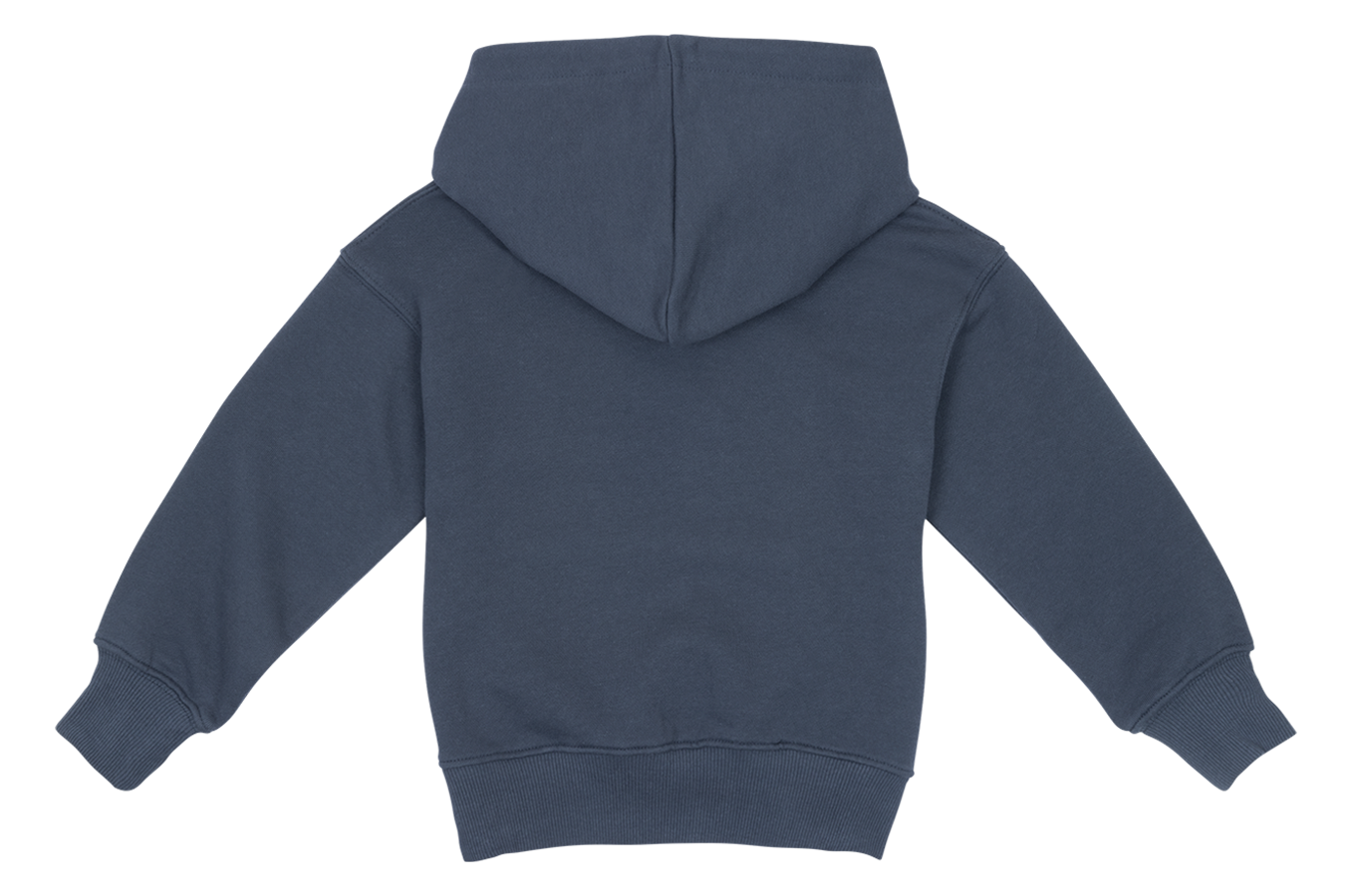 Back view of a navy blue hoodie for kids, featuring a cozy hood and ribbed cuffs, perfect for stylish, active youth.