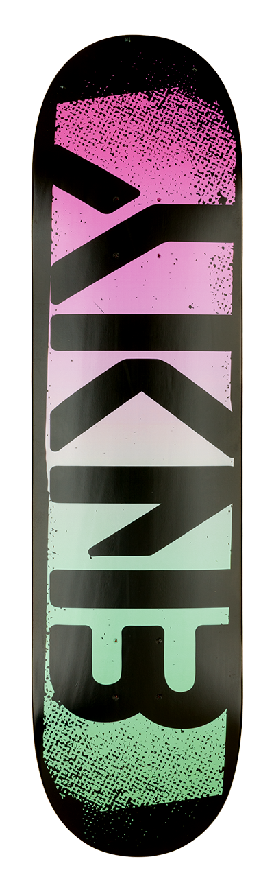 Stylish skateboard deck featuring a gradient design in pink and green with bold "SKATE" lettering. Ideal for young skaters.