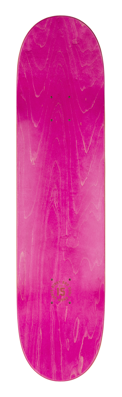 Bright pink skateboard deck with a smooth wood grain finish, featuring a minimalist logo design. Ideal for stylish young skaters.