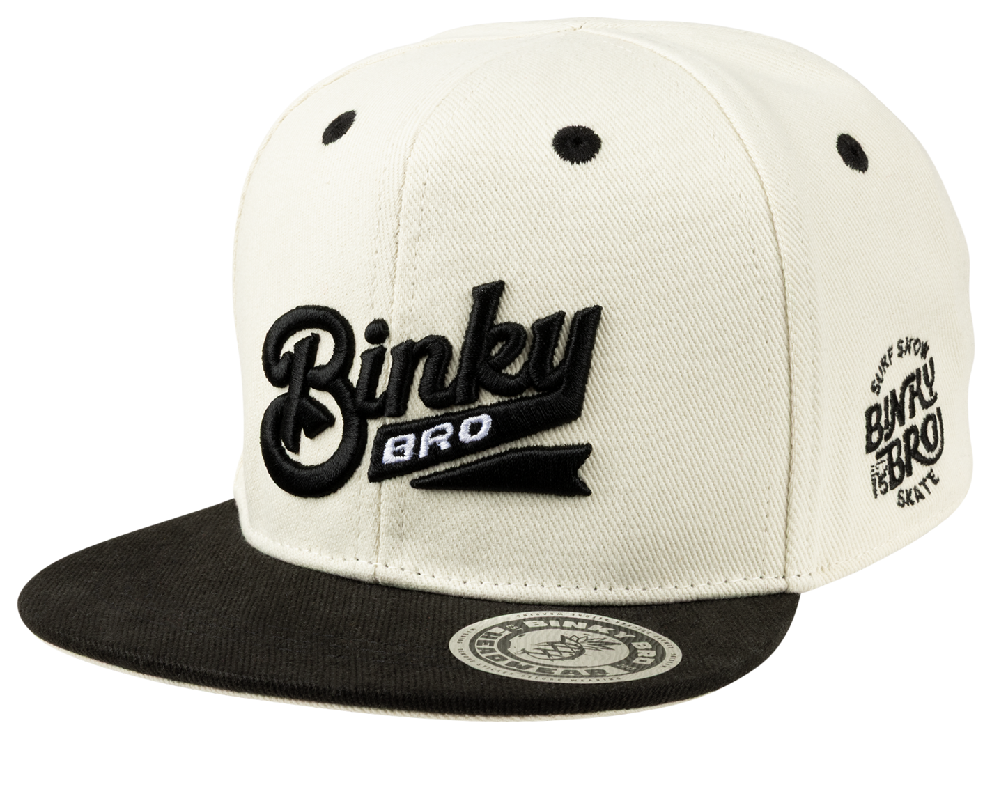 Stylish two-tone snapback hat featuring BinkyBro logo, perfect for infants and toddlers embracing a surf-snow-skate lifestyle.