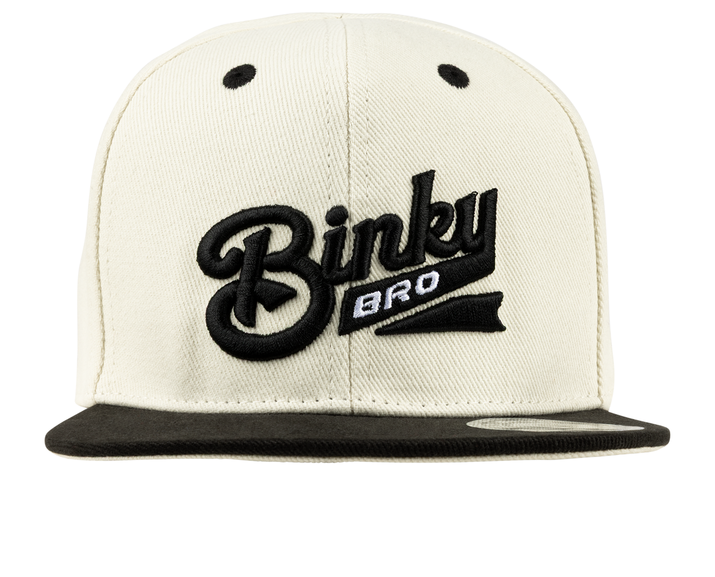 Stylish cream snapback hat with black BinkyBro logo, perfect for infants and toddlers embracing surf-snow-skate culture.