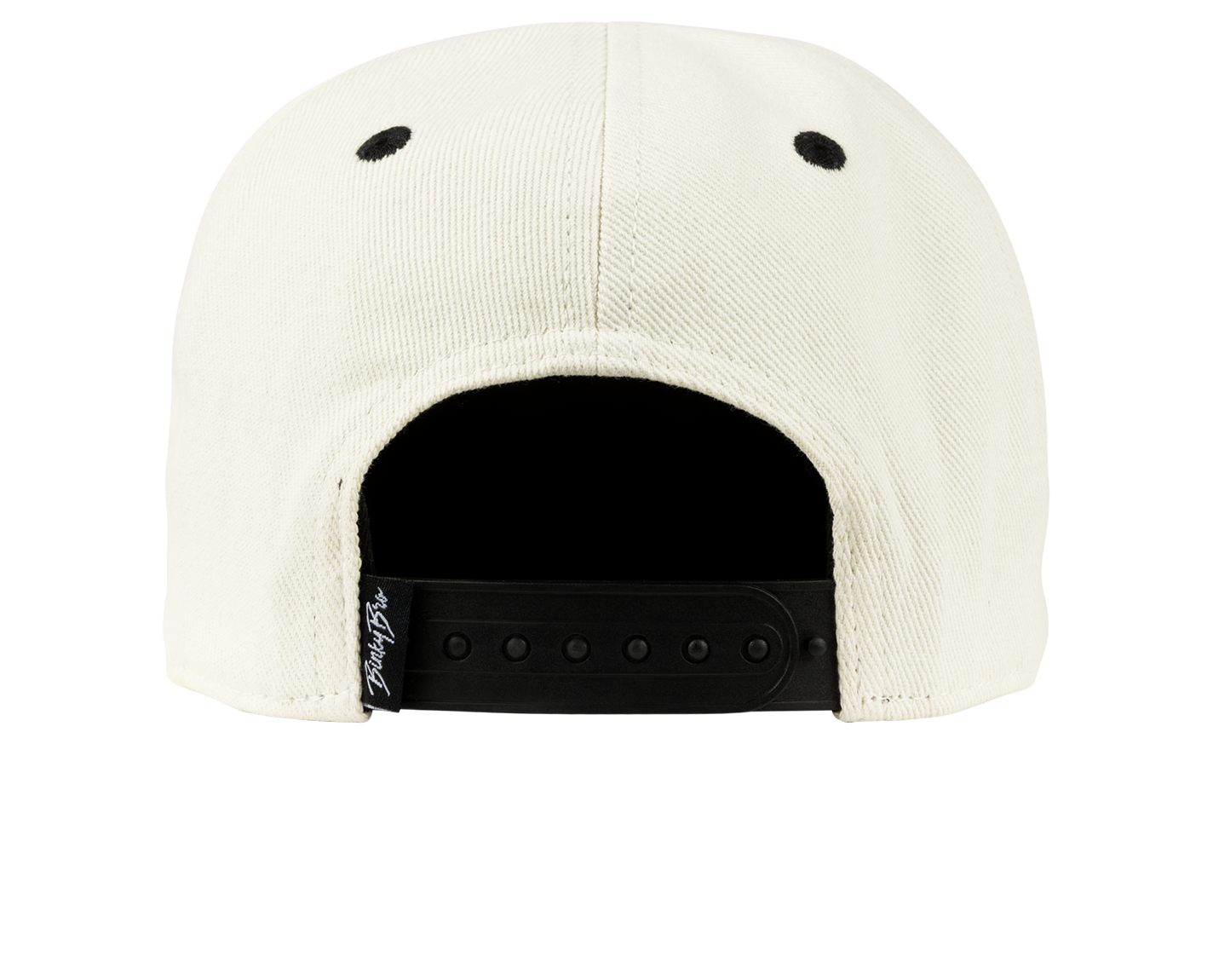 Back view of a cream snapback hat featuring black eyelets and an adjustable strap, designed for stylish youth wear.