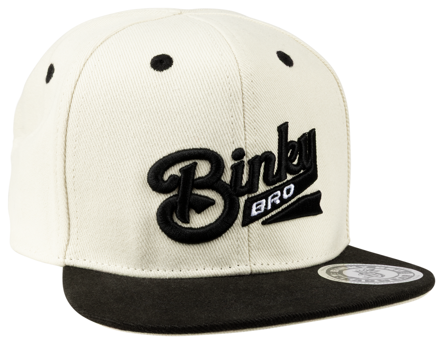 Stylish two-tone snapback cap featuring BinkyBro logo, perfect for kids embracing surf-snow-skate culture.