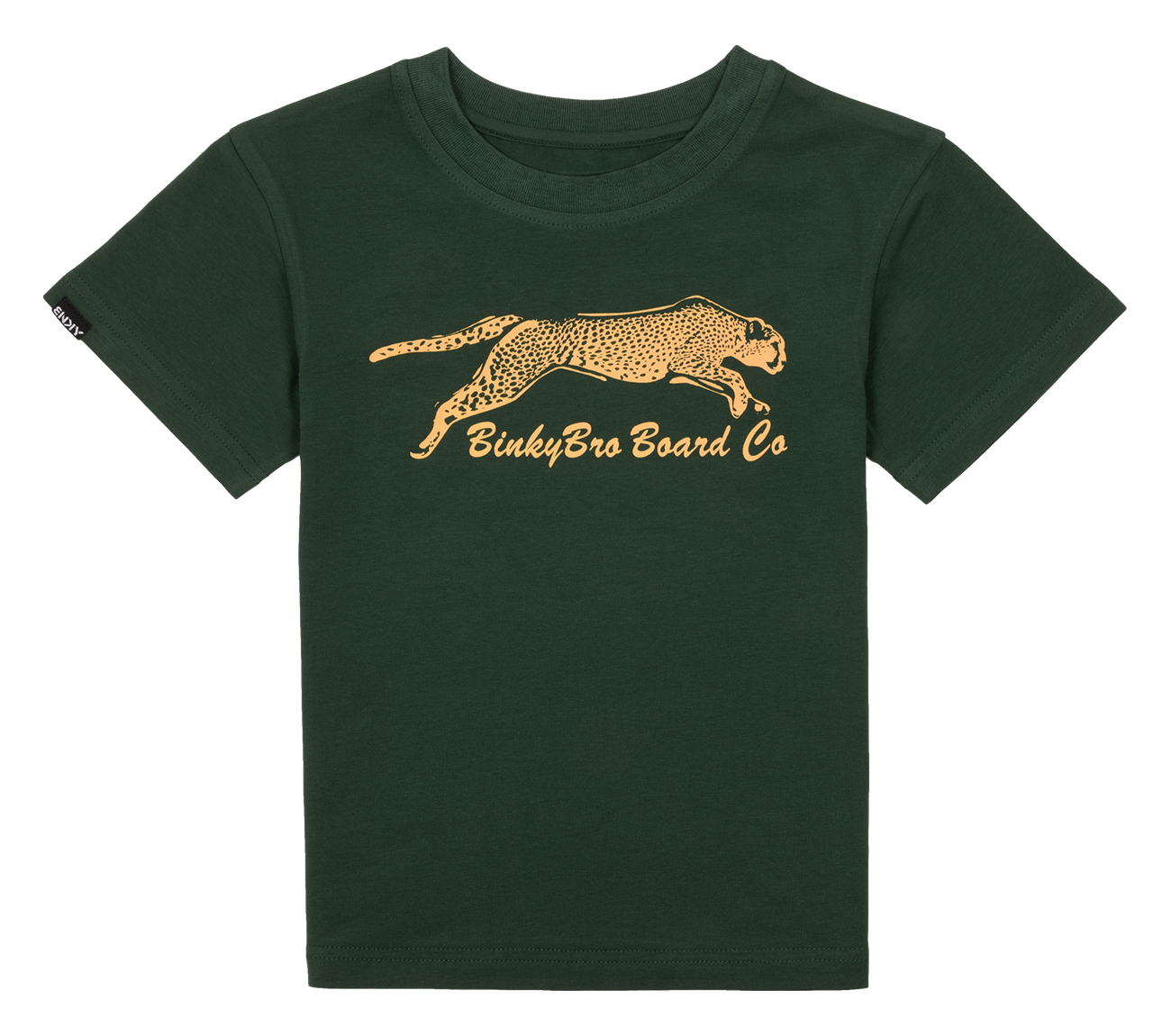 Green toddler t-shirt featuring a leaping cheetah graphic and "BinkyBro Board Co" text in gold. Perfect for active kids.