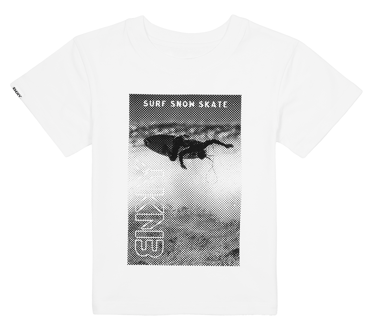 White jersey featuring a bold graphic design with a surf-snow-skate theme, perfect for active kids.