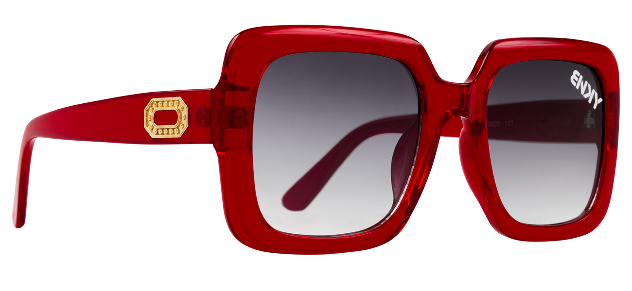 Bold red oversized sunglasses with gradient lenses and a gold accent on the temple, perfect for stylish summer outings.