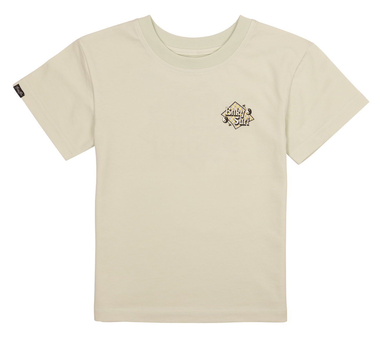 Light beige t-shirt featuring a small colorful graphic on the chest, designed for kids with a stylish, laid-back vibe.