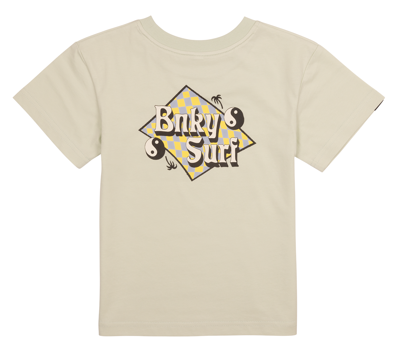 Light beige t-shirt featuring a colorful "Binky Surf" graphic with yin-yang symbols, designed for kids' surf lifestyle.
