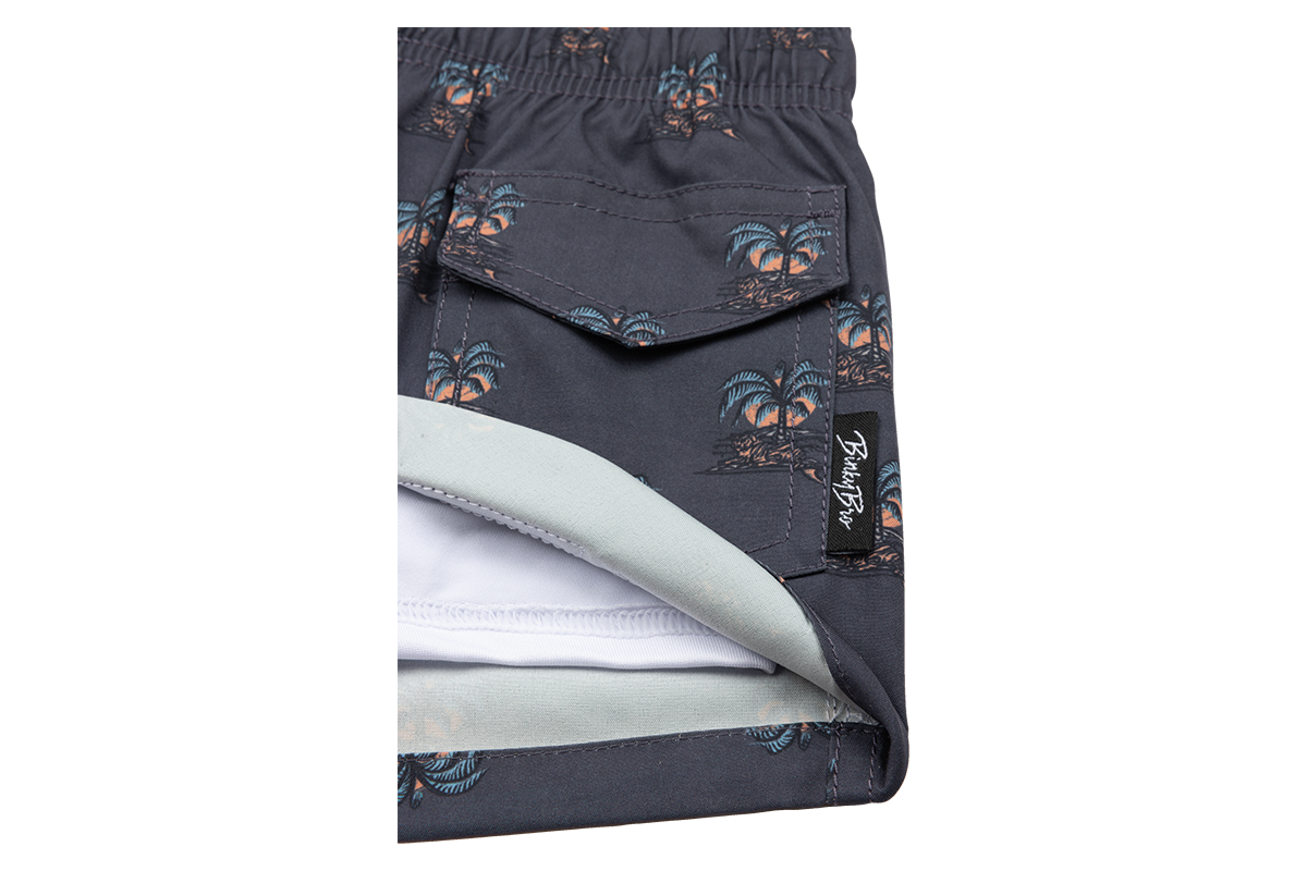 Stylish gray shorts featuring a palm tree pattern, designed for kids with a comfortable inner lining. Perfect for summer adventures.