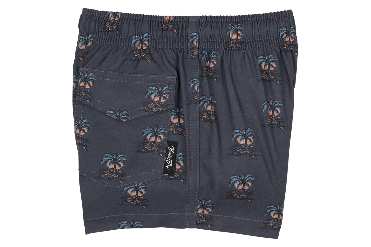 Stylish swim shorts featuring a palm tree pattern, perfect for kids' beach days and summer adventures.