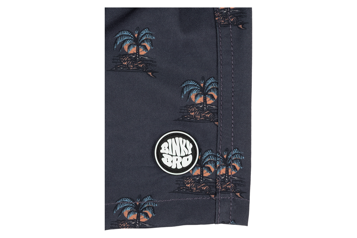 Stylish navy swim shorts featuring a palm tree print and BinkyBro logo, perfect for kids' summer adventures.