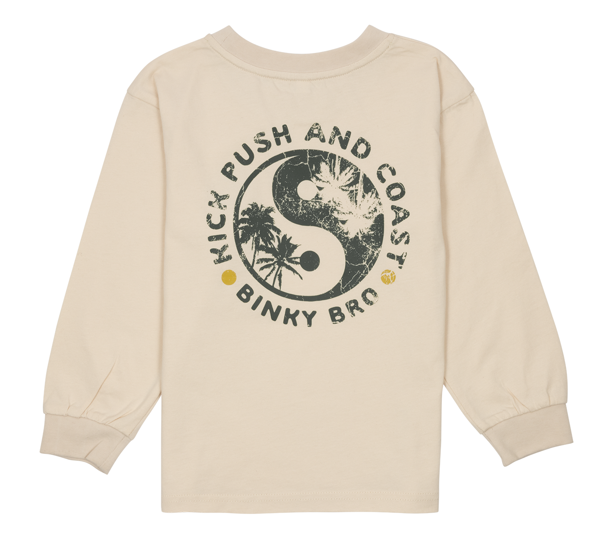 Cream long-sleeve shirt featuring a circular graphic with "Kick Push and Coast" text and a yin-yang design with palm trees.