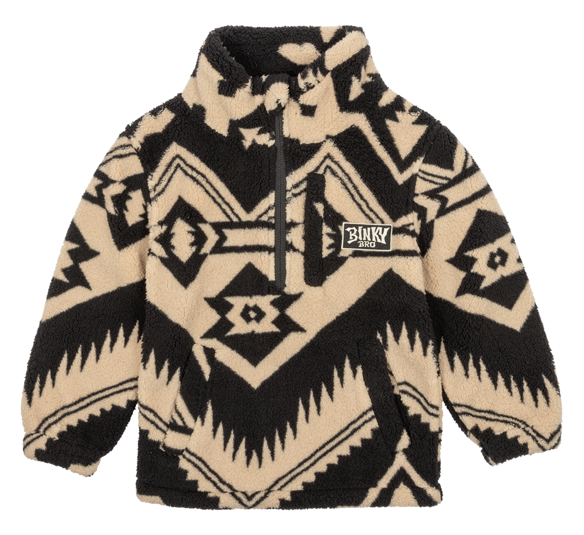 Cozy luxury fleece pullover with a bold black and beige geometric pattern, featuring a zippered chest pocket and BinkyBro logo.