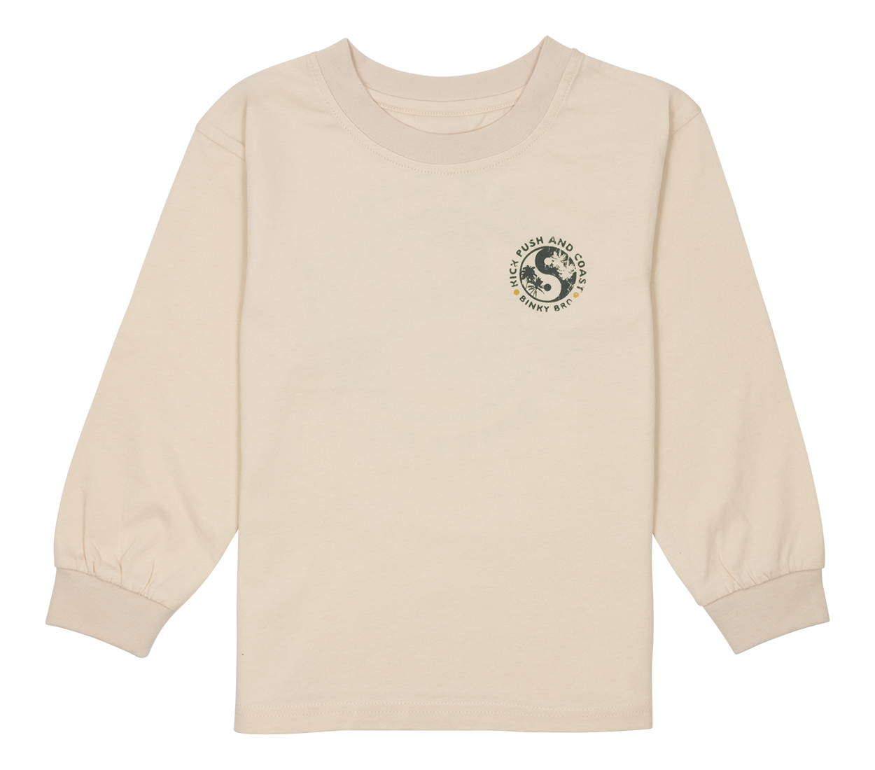 Cream long-sleeve shirt featuring a circular logo design on the chest, perfect for stylish kids' casual wear.