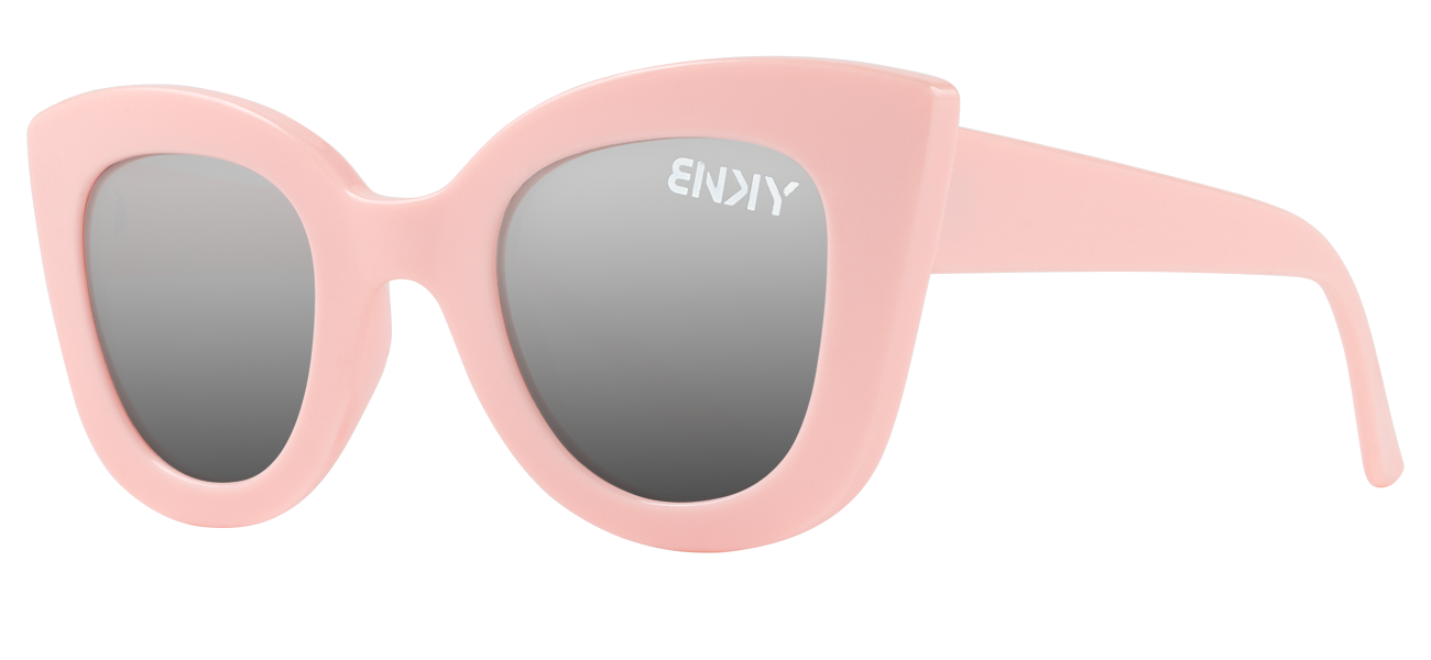 Stylish pink cat-eye sunglasses with gray lenses, perfect for adding a trendy touch to any outfit.