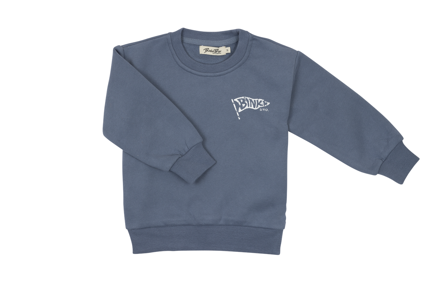 Cozy blue sweatshirt featuring a small BinkyBro logo, perfect for stylish infants and toddlers. Ideal for casual wear.