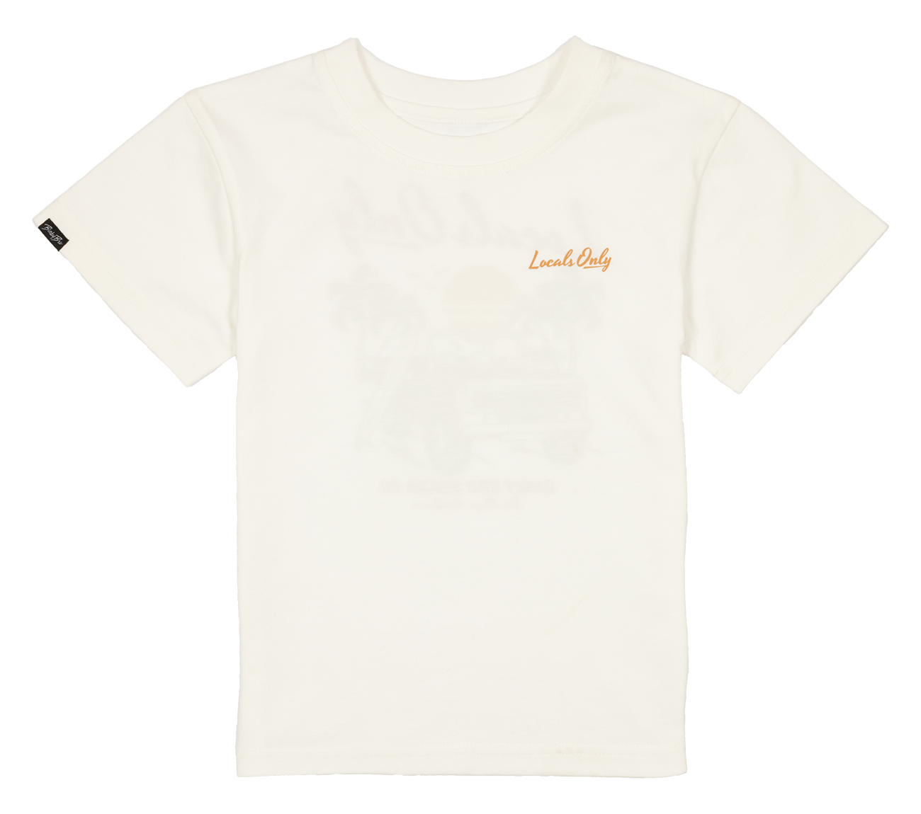 Cream-colored t-shirt featuring "Locals Only" text and a graphic of a truck with palm trees and a sunset.