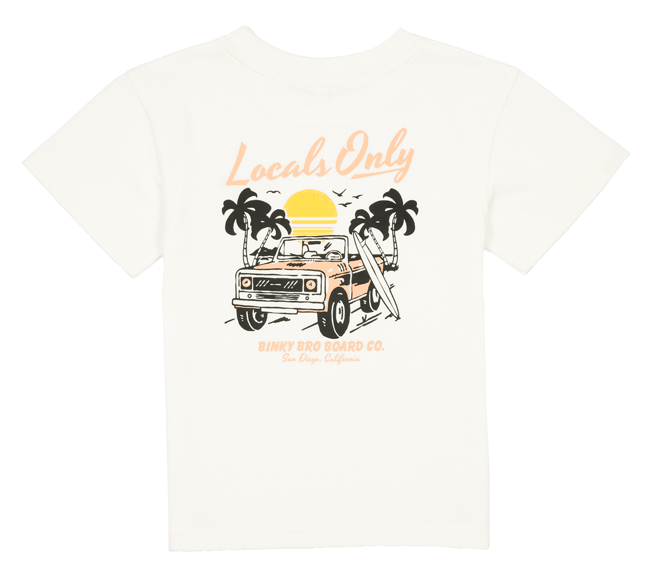 White youth t-shirt featuring a retro truck with a surfboard, palm trees, and "Locals Only" text, embodying a beach lifestyle.