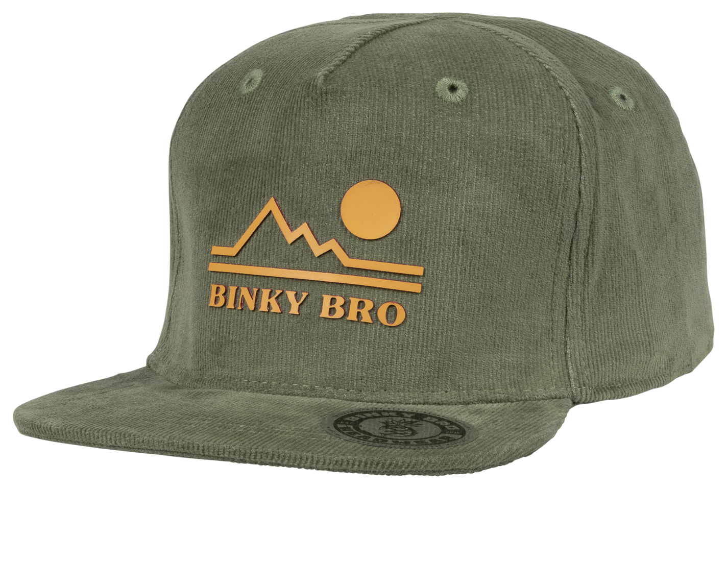 Stylish olive green snapback hat featuring a mountain and sun design, branded with Binky Bro for kids' outdoor adventures.
