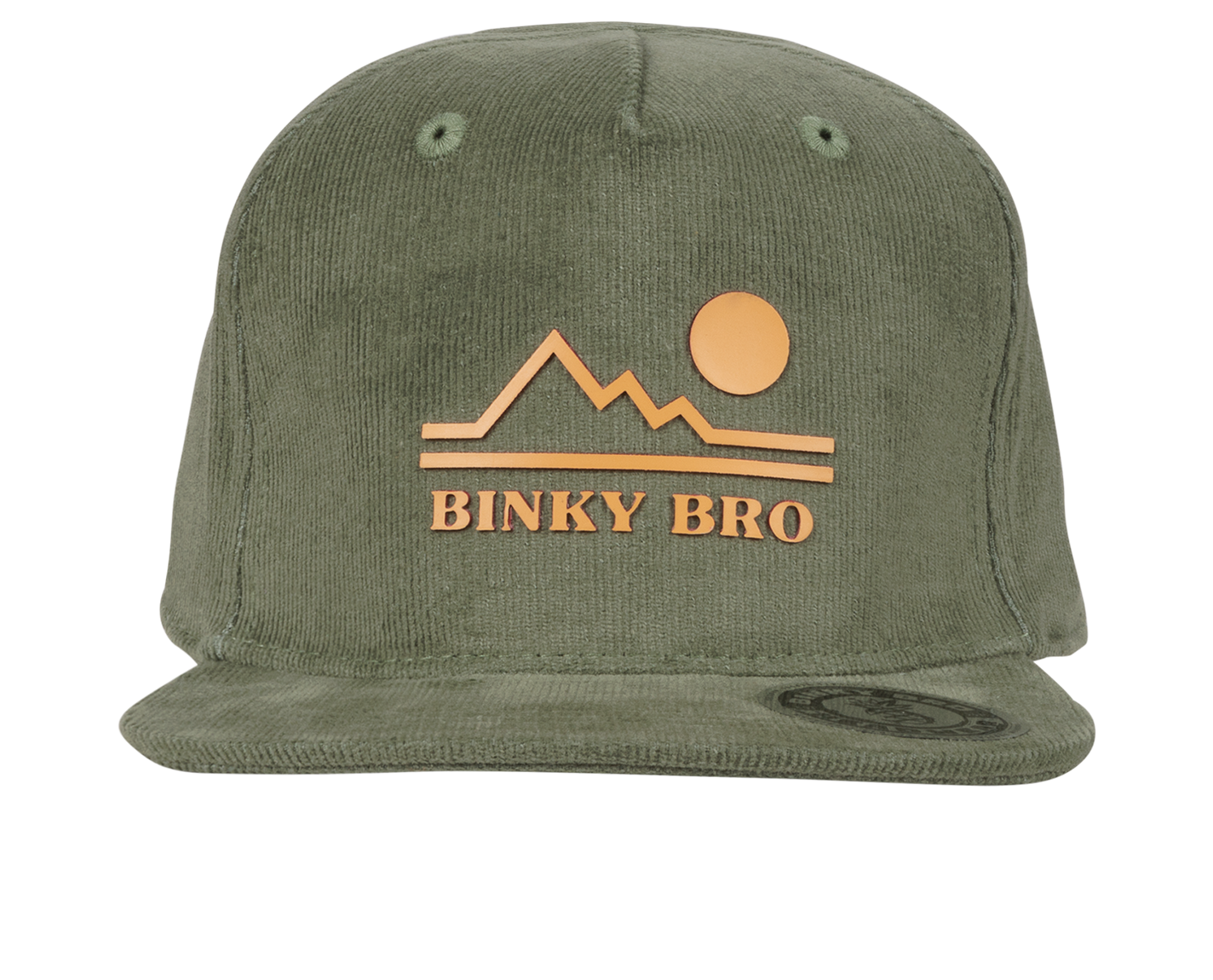 Stylish olive green snapback hat featuring a mountain and sun logo, designed for infants and toddlers by BinkyBro.