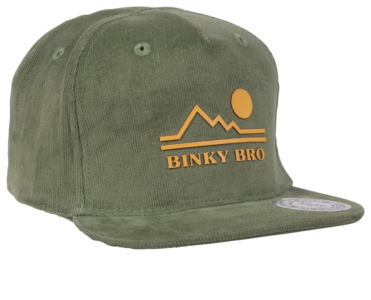 Stylish olive green snapback hat featuring Binky Bro logo with mountains and sun, perfect for kids' outdoor adventures.