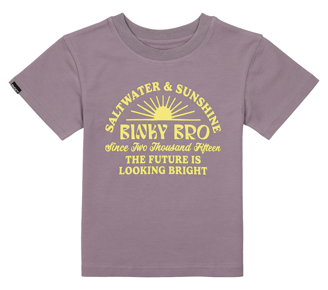 Light purple t-shirt featuring a sun graphic with the text "Saltwater & Sunshine" and "The Future is Looking Bright" in yellow.