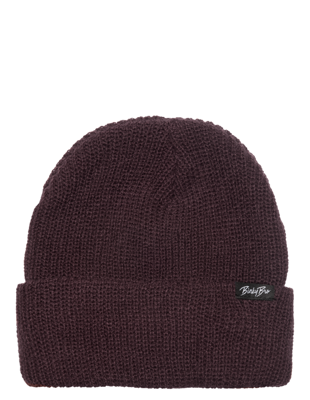 Maroon knit beanie with a folded cuff and BinkyBro logo, perfect for stylish warmth in cooler weather.