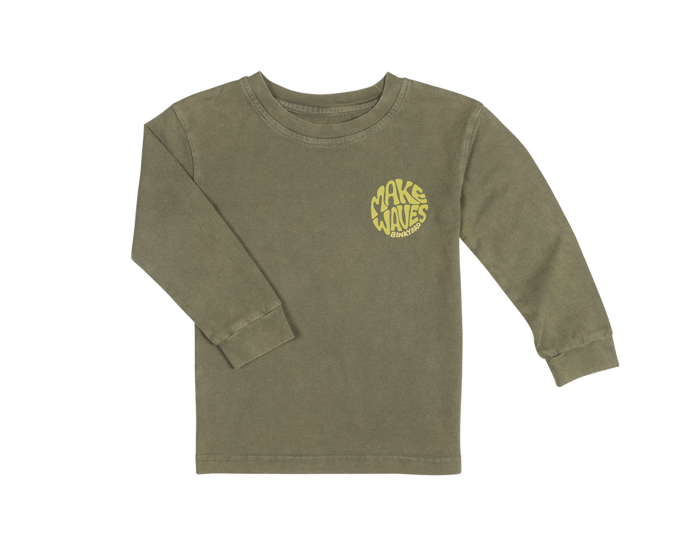 Olive green long sleeve shirt featuring a yellow "Make Waves" graphic on the front, designed for kids.