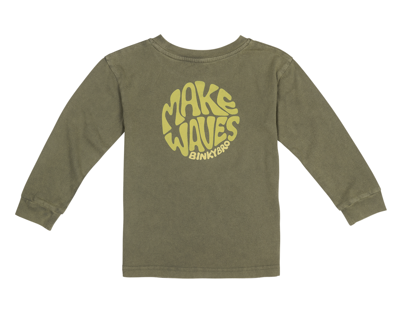 Olive green long sleeve shirt featuring a bold yellow "Make Waves" graphic on the back, designed for kids.