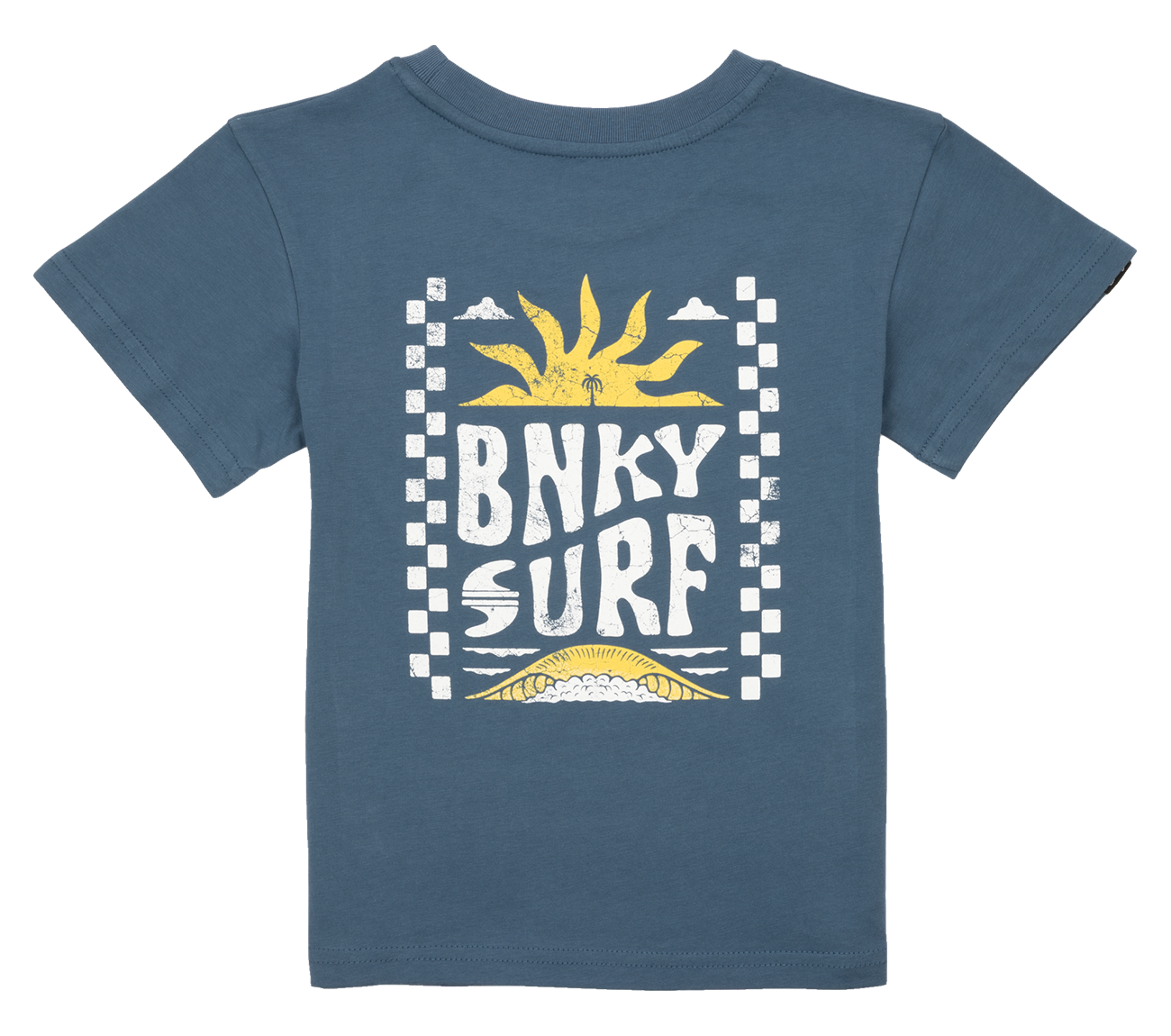 Maritime Blue t-shirt featuring a sun and wave graphic with "BNKY SURF" text, perfect for stylish kids.