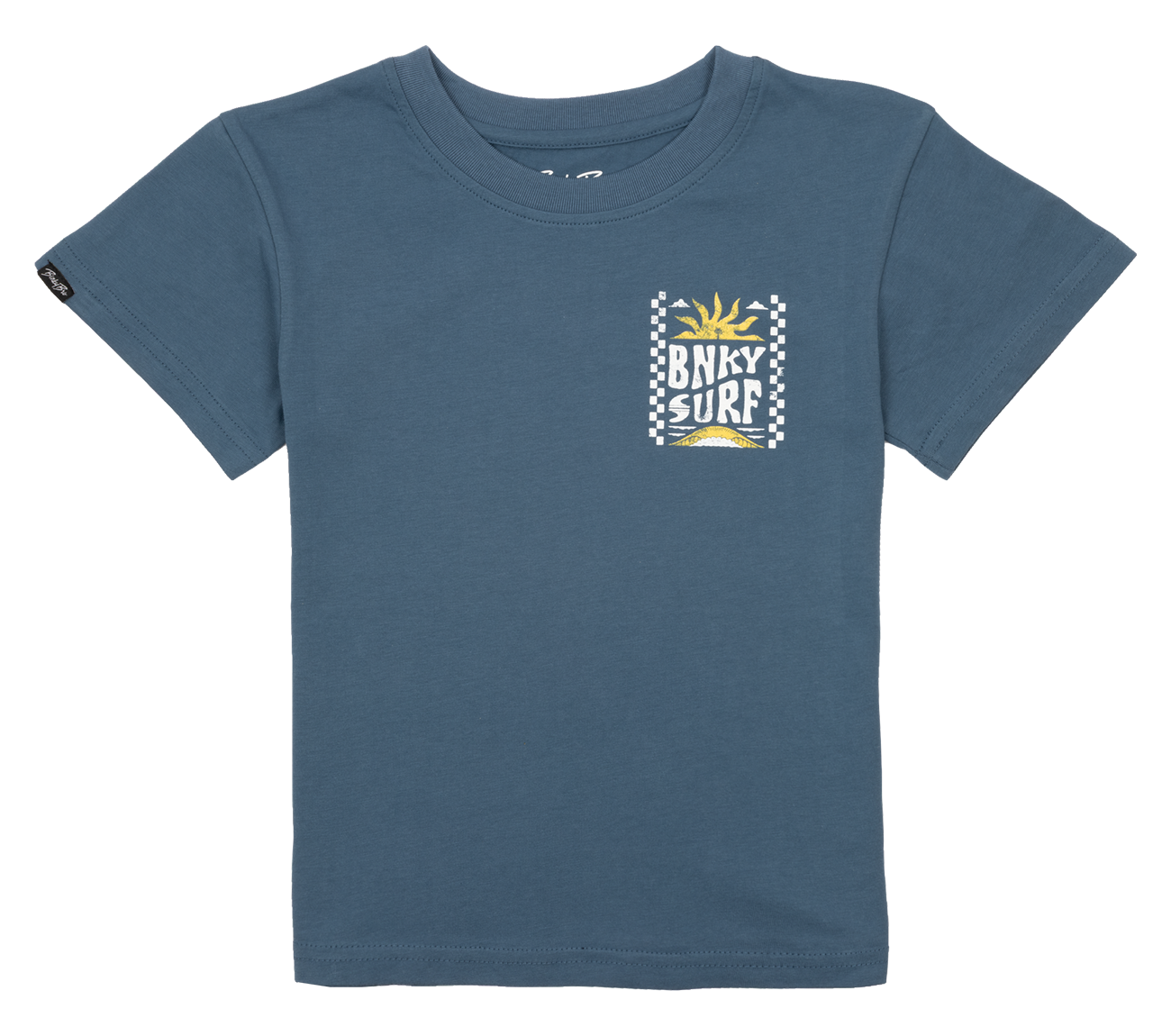 Maritime Blue t-shirt featuring a sun and wave graphic, perfect for stylish kids who love surf culture.