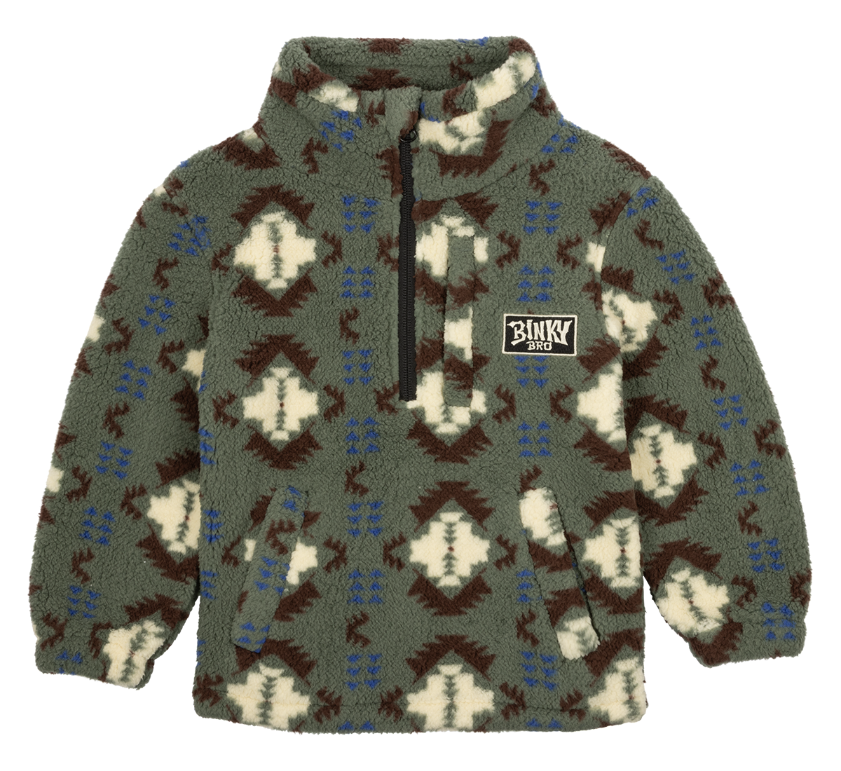 Cozy luxury fleece pullover in earthy tones with a tribal pattern and BinkyBro logo, perfect for kids' outdoor adventures.