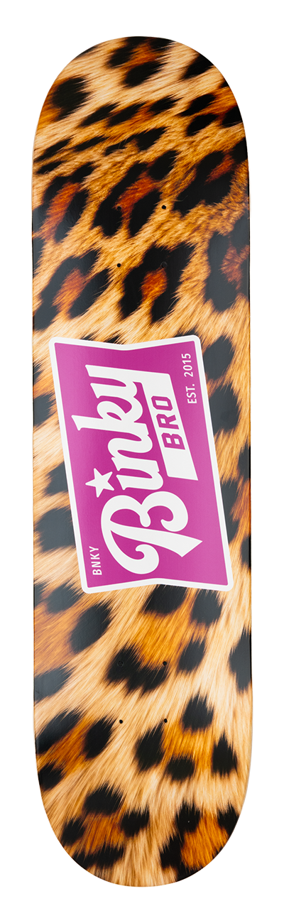 Stylish Miami Triangle skateboard featuring a bold leopard print and vibrant BinkyBro logo, perfect for young skaters.