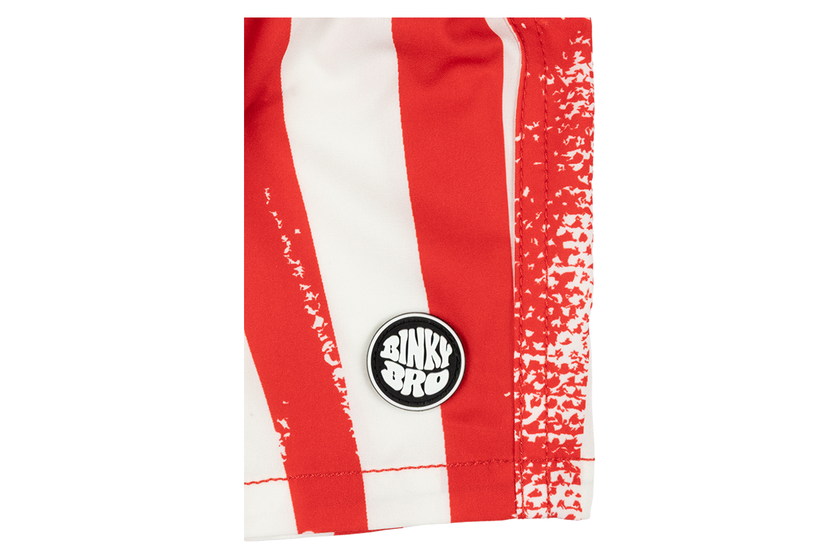 Stylish red and white striped Miyazaki apparel featuring a BinkyBro logo, perfect for active kids.