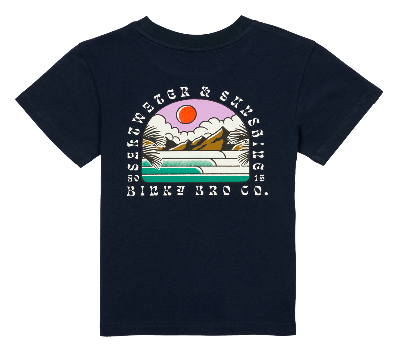 Navy blue t-shirt featuring a colorful graphic of mountains and a sun, with "Binky Bro Co" text, perfect for kids.