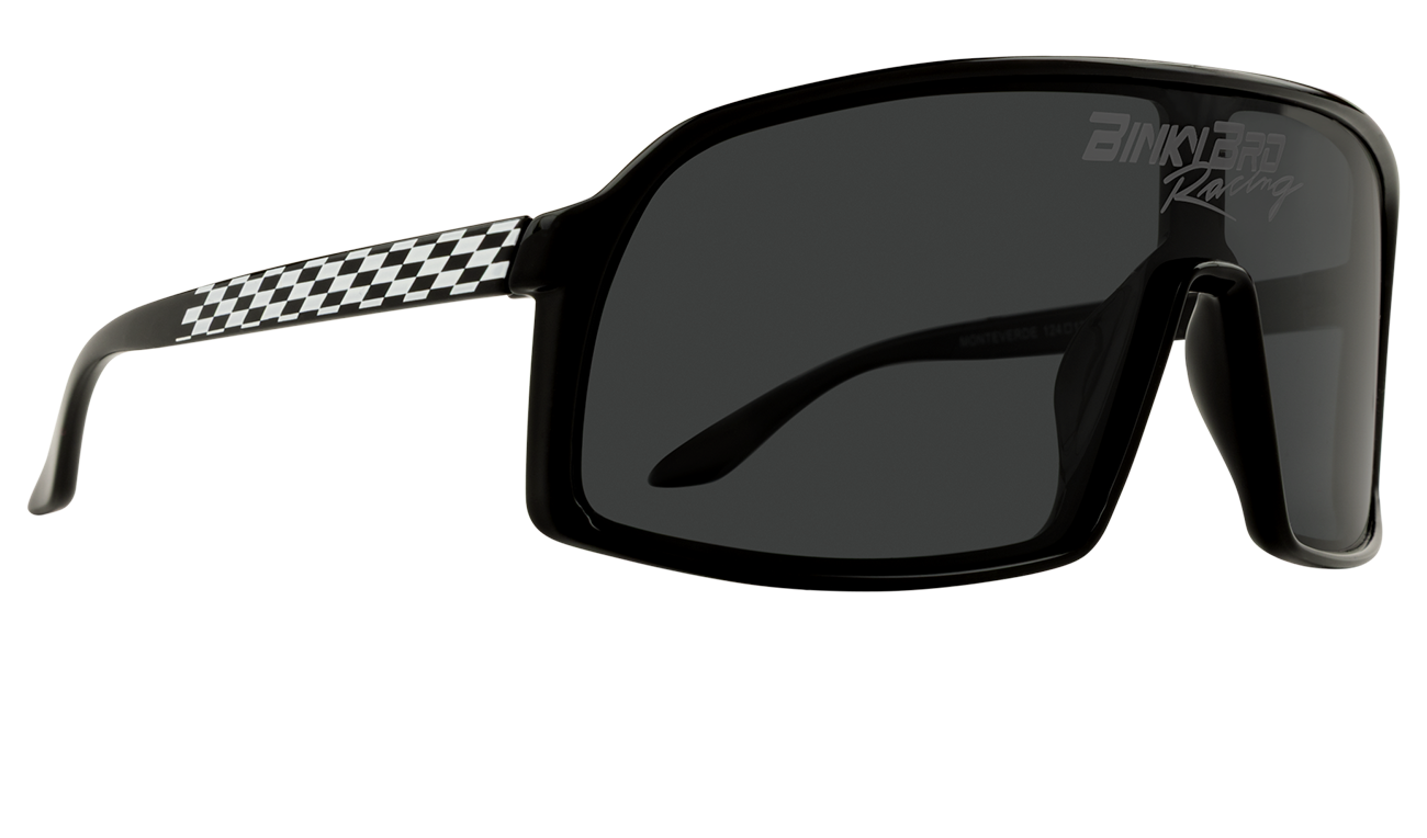 Stylish black sunglasses with a checkered pattern on the arms, designed for young racing enthusiasts.
