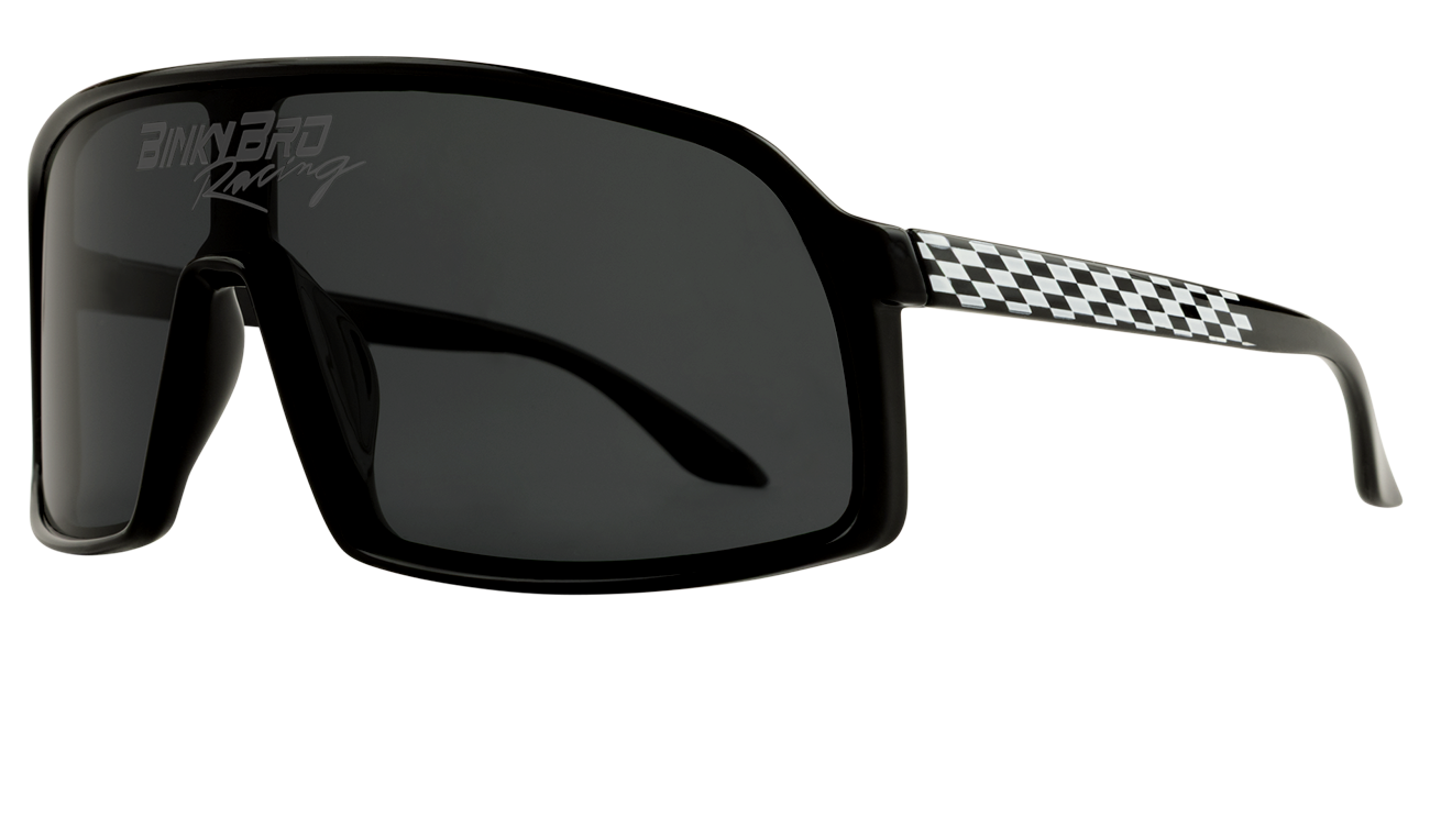 Stylish black sunglasses with a checkered pattern on the arms, designed for kids, perfect for racing enthusiasts.