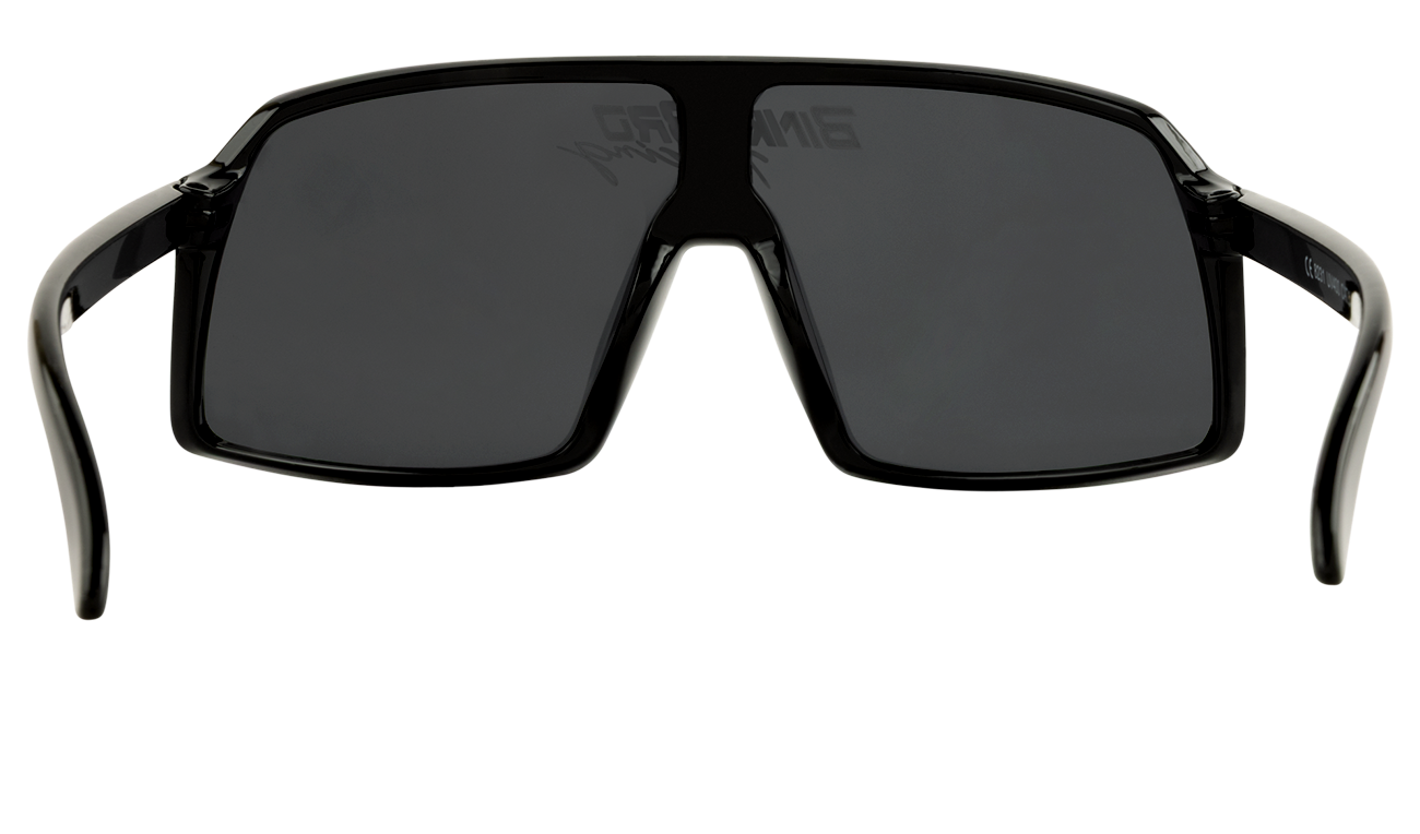 Sleek black Monteverde Racing sunglasses with oversized dark lenses, designed for a sporty, stylish look.