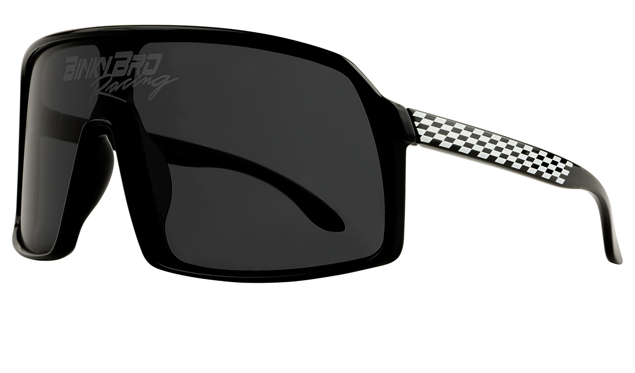 Sleek Monteverde Racing sunglasses with a bold black frame and checkered pattern on the temples, designed for style and performance.