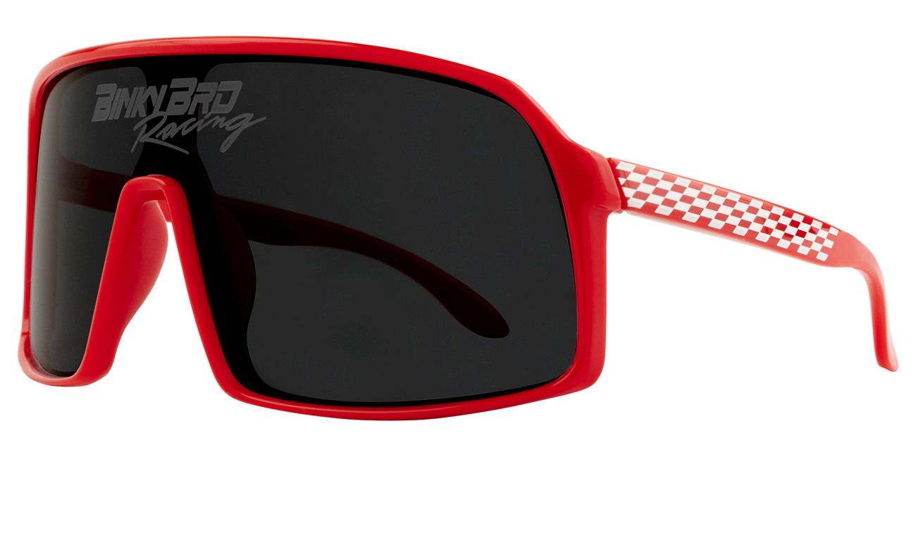 Stylish crimson sunglasses with a bold design and checkered pattern on the temples, perfect for racing enthusiasts.