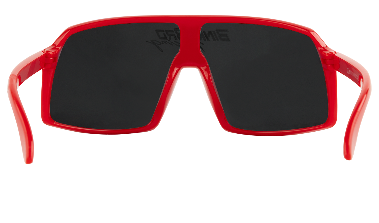 Bold crimson sunglasses with large black lenses, featuring a sporty design ideal for active lifestyles.