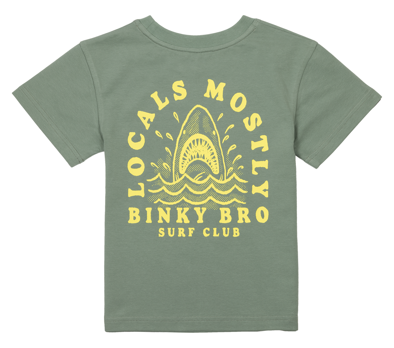 Green toddler t-shirt featuring a yellow shark graphic with the text "Locals Mostly Binky Bro Surf Club" above it.