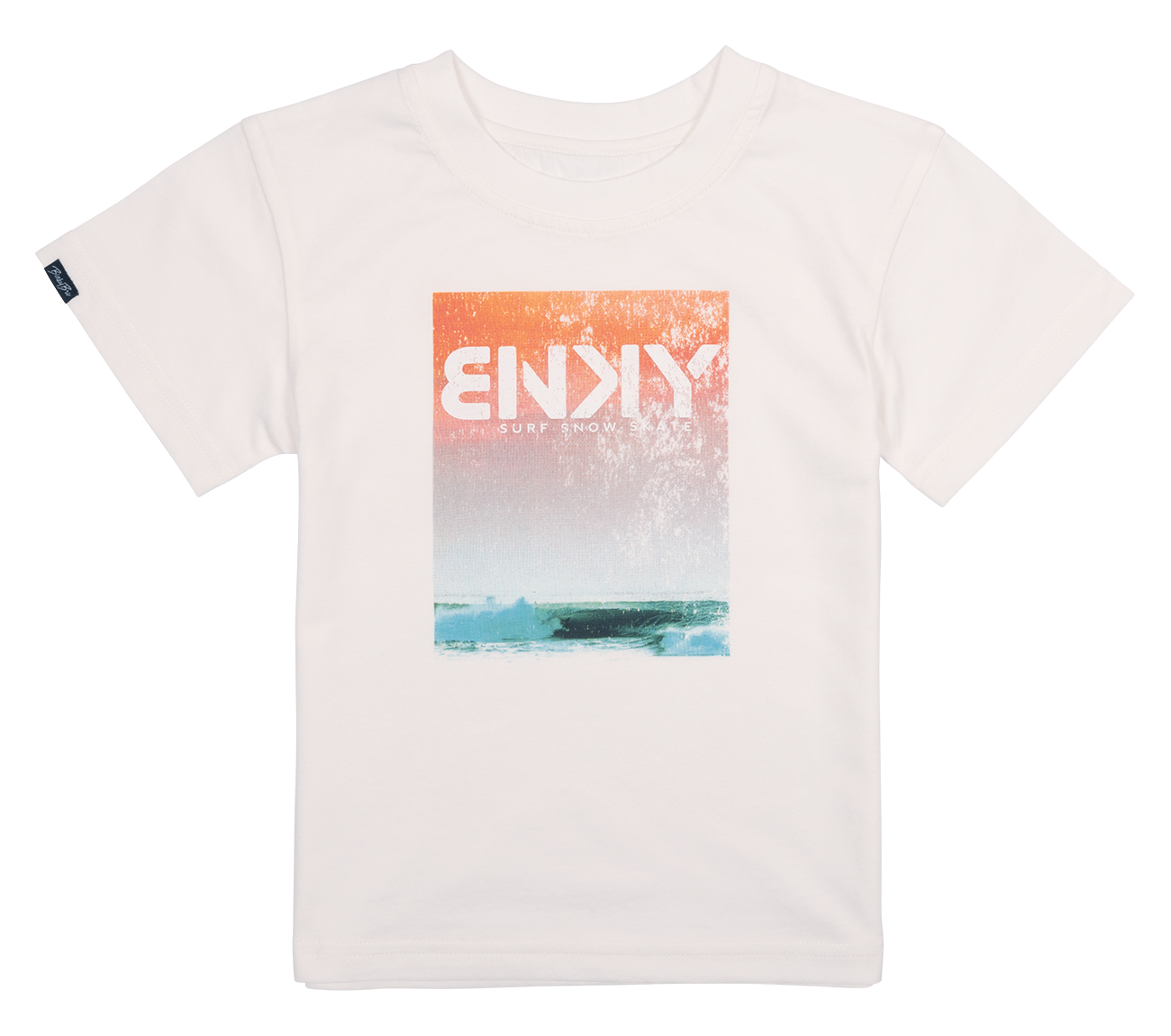 White youth t-shirt featuring a colorful graphic design with the word "ENKY" and a beach scene, perfect for active kids.