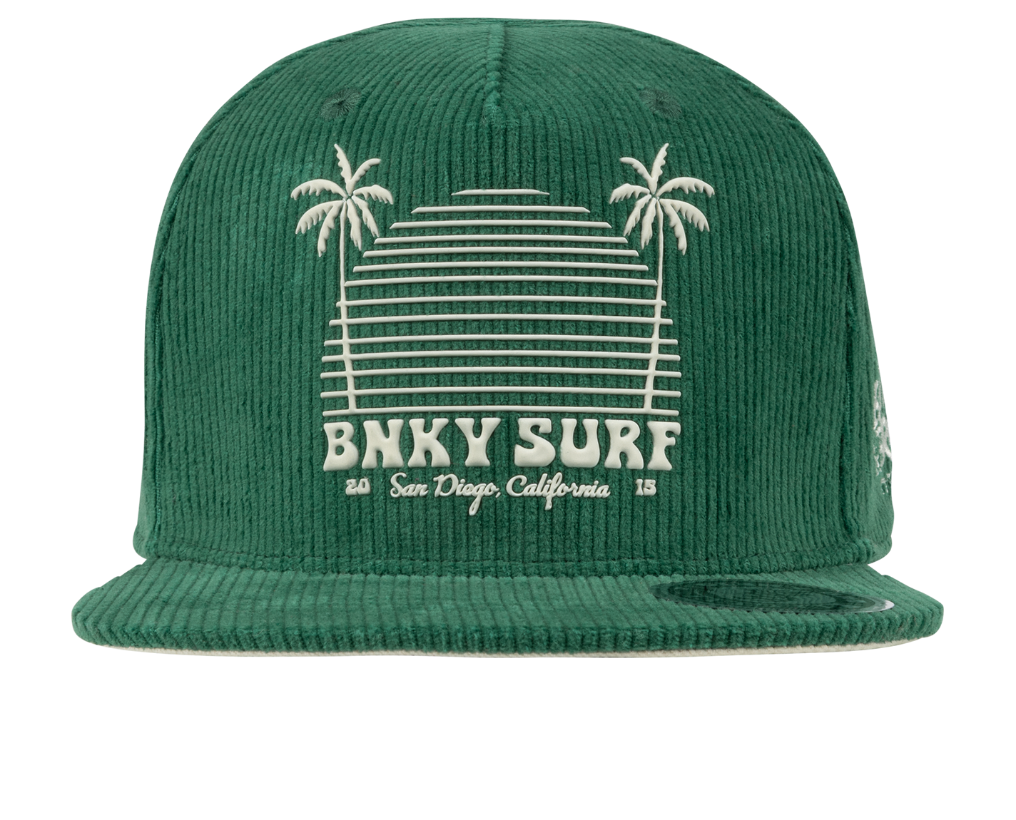 Green corduroy snapback hat featuring a retro sunset design with palm trees and "BNKY SURF San Diego, California" text.